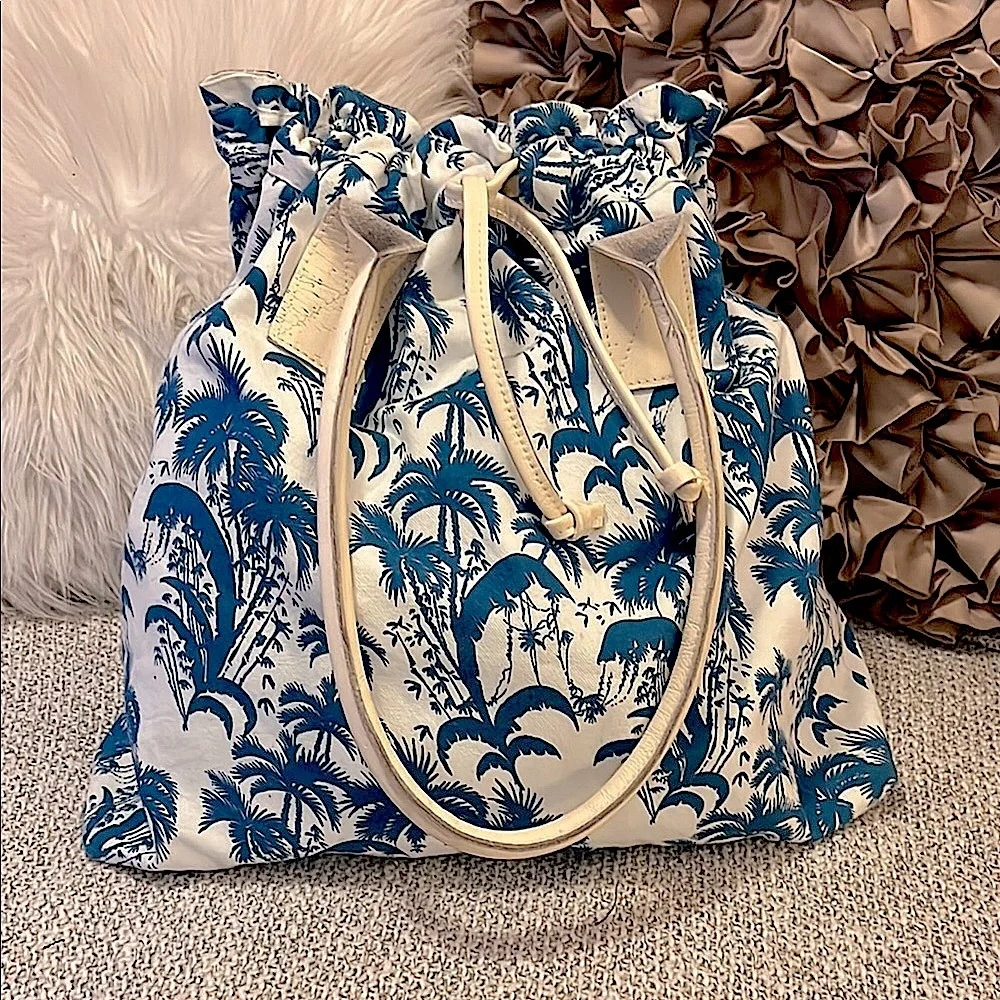 Tropical Blue White Canvas Hawaiian Print Leather Handles Drawstring Large Tote
